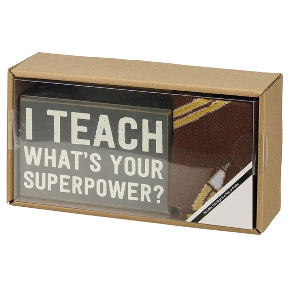 NWT Primitives By Kathy Box Sign & Sock Set - I Teach Your Superpower? - Picture 1 of 2